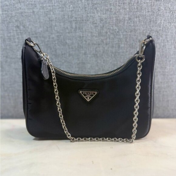 Prada Black Nylon Shoulder Bag with Silver Chain